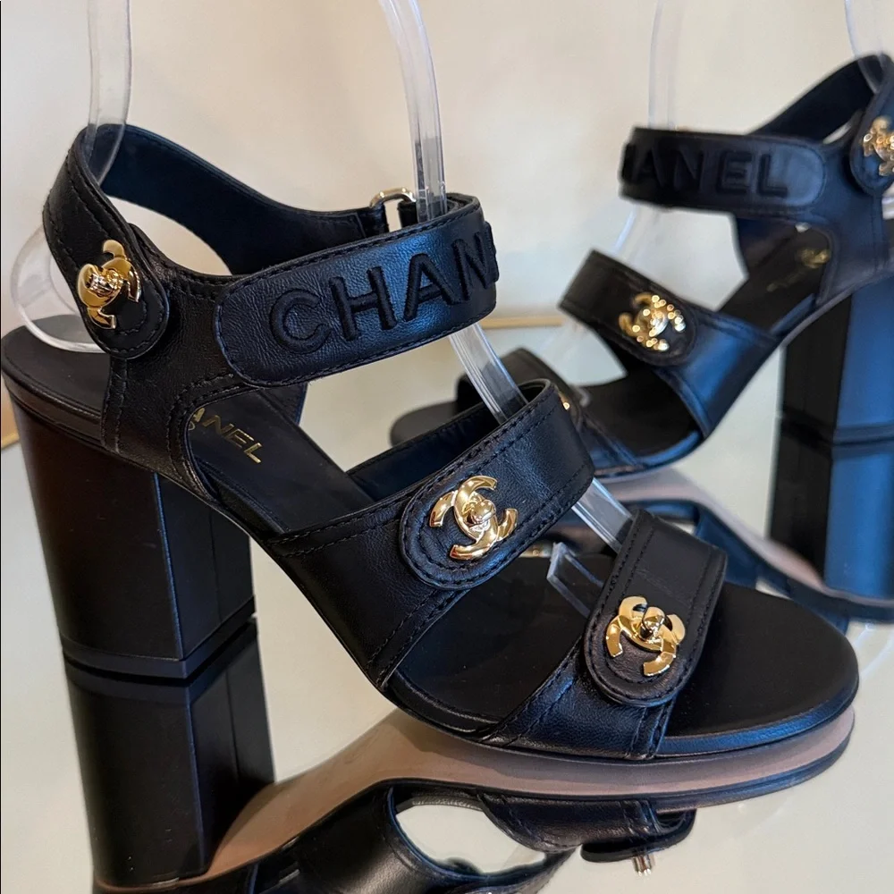 CHANEL Black leather logo Gold Turn-lock heeled sandals size 36.5 - Picture 1 of 17
